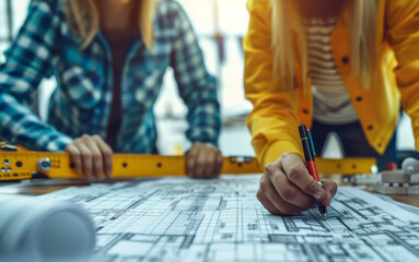 Poster - An engineer and three people were discussing construction plans around the table, focusing their attention on professional design drawings and the concept of project management. Generative AI.