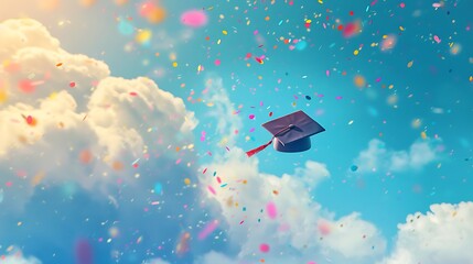 Wall Mural - A single graduation cap soars through the clouds, leaving a vibrant trail of colorful confetti, symbolizing achievement and celebration.

