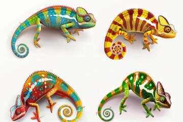 Poster - Image of four colorful chameleons sitting on a white surface, with detailed features and natural colors