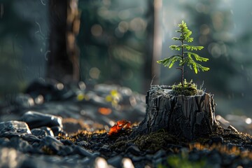 Poster - A small tree grows out of a wooden stump in a natural environment