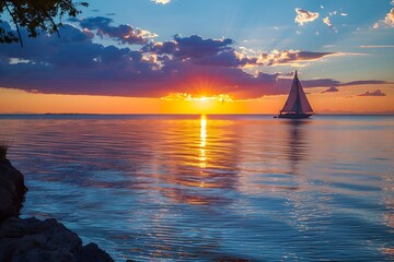 Wall Mural - Breathtaking Sunset Over Serene Ocean with Sailboat Silhouette