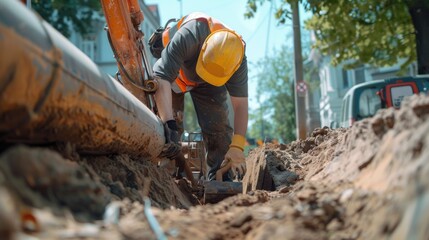 Poster - A worker inspects a pipe on a construction site