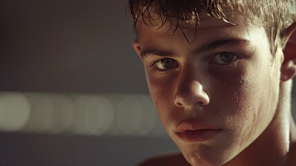 Poster - A close-up shot of a young man with wet hair, suitable for use in various contexts such as lifestyle, health, or beauty