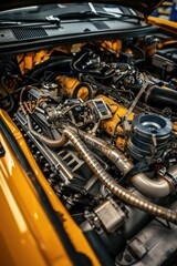Poster - A detailed shot of the engine of a bright yellow car, ideal for use in automotive or design contexts