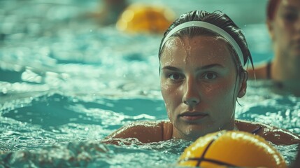 Poster - A woman holding a beach ball in her hand, floating in the water