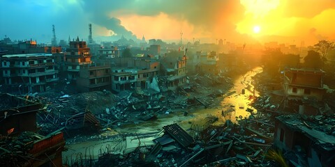 Illumination of a city by evening light symbolizes the aftermath of natural disasters. Concept Cityscape, Evening Light, Nature’s Wrath, Aftermath, Symbolism