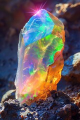 Poster - A close-up shot of a rock with a vibrant rainbow-colored background, perfect for designs and illustrations