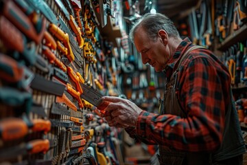 Poster - A person studying a hand tool in a retail setting, possibly for repair or maintenance purposes