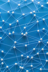 Poster - A blue background with white lines connecting round pills in an interconnected network pattern, symbolizing the concept of global mystery breathers and their connections across diverse balloon model p