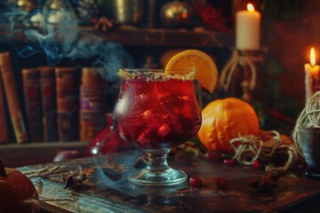 Poster - A glass filled with a drink sits on top of a table, suitable for use in interior designs or food and beverage scenes