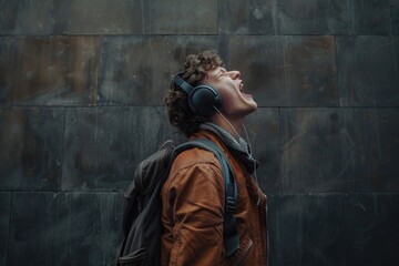 Wall Mural - A person wearing headphones standing in front of a wall, possible scenario for music inspiration or personal reflection