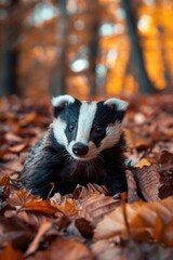 Canvas Print - A small black and white animal is lying in a pile of fallen leaves