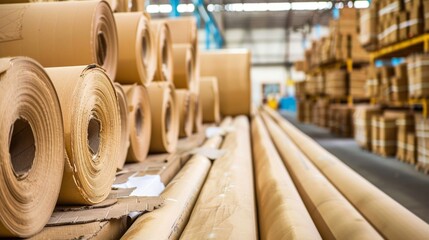 Wall Mural - A warehouse with many rolls of paper stacked up