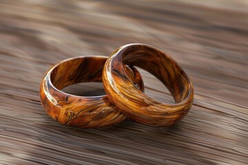 Wall Mural - A pair of wooden rings placed on a wooden table, ideal for photography props or decorative purposes