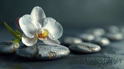 Wall Mural - A white flower sits atop a pile of rocks, with a simple yet striking arrangement