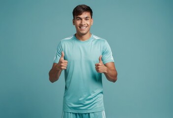 Wall Mural - A cheerful young man in a teal t-shirt showing thumbs up. Positive energy radiates from his broad smile.