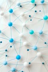 Poster - A flat lay of blue pills connected in a intricate network on a light background by white lines forming symmetrical arrangements and geometric patterns
