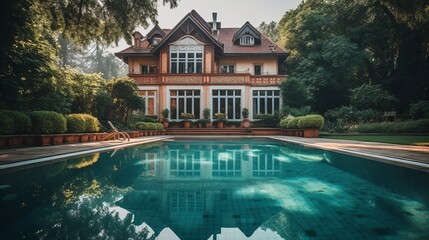 Wall Mural - Swimming pool of luxury house in the garden. Vintage filter.