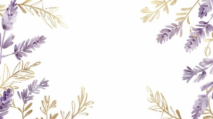 Wall Mural - Lavender floral, luxury botanical on white background vector, empty space in the middle to leave room for text or logo, gold line wallpaper, leaves, flower, foliage, hand drawn