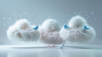 A whimsical display of three fluffy clouds, each meticulously crafted with water drops. Flitting among these clouds are three charming blue birds, their fluffy feathers