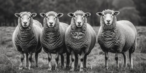 Wall Mural - A group of sheep standing together in a green meadow, suitable for rural or farm-themed images