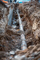 Poster - A large pipe lying on a dirt field