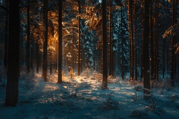 Poster - A serene snowy forest scene with sunlight filtering through the trees, great for winter or nature-themed projects