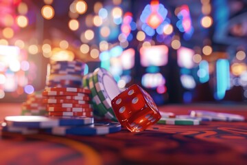 Poster - A casino table scene with rolling dice and piles of chips, suitable for use in illustrations related to gambling, entertainment, or leisure activities
