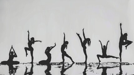 Wall Mural - A group of people practicing yoga in a studio setting, captured in monochrome tones