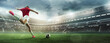 © master1305 - Focused and concentrated female soccer player in motion hitting ball in outdoor football arena. 3D stadium. Dynamic moment. Banner. Concept of sport, competition, tournament, games, event