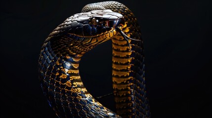 Poster - A close-up shot of a snake's face on a dark background, great for use in presentations or designs about reptiles, nature, or wildlife
