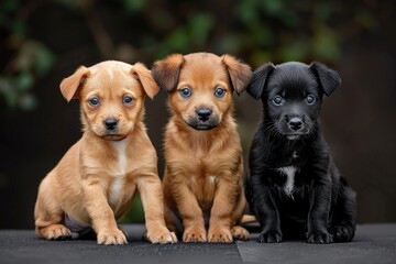 Poster - Three adorable puppies sit side by side on a table, their tails wagging and ears perked up