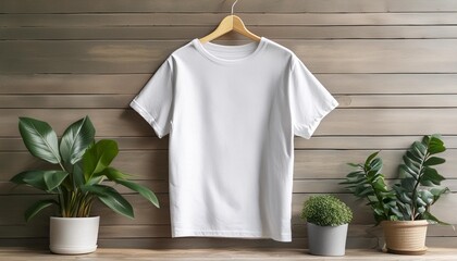 a view from back luxurious plain white oversize t shirt mockup with a hanger hanging on a wooden background ai generative