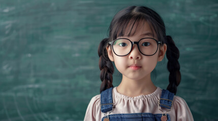 Portrait of an Asian schoolgirl with glasses with blackboard background with copy space, back to school concept. 