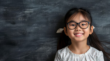 Portrait of an Asian schoolgirl with glasses with blackboard background with copy space, back to school concept. 
