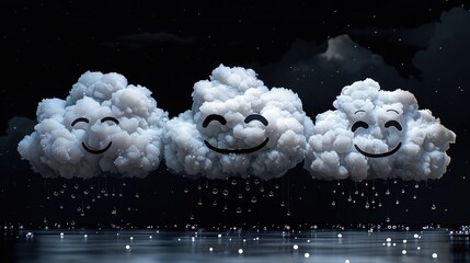 Wall Mural - Three cloud formations, each mimicking an emoji, with raindrops gently falling, all set against a dramatic black background, highlighting the shapes and expressions.