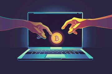 Aufkleber - Two hands reaching for a Bitcoin on a laptop screen, illustration of digital currency trading and investing