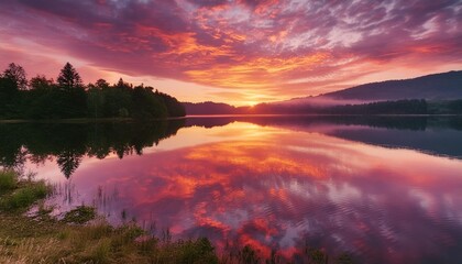 Wall Mural - stunning sunrise over the lake with vibrant colors reflecting in the water in a zen and calm enviroment