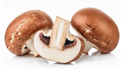 brown cap champignons with slice of champignon mushroom isolated on white background close up