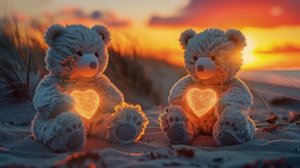 Wall Mural - Two white teddy bears, each with a paw on a glowing heart, sitting on a sandy beach at sunset, the background blurred and the sky painted with warm orange and pink hues.