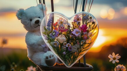 Wall Mural - Two white teddy bears in a hot air balloon, gently holding a transparent heart that houses a variety of colorful spring flowers, with a blurred sunset horizon in the background.