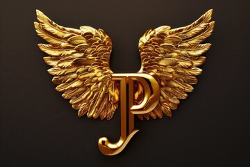 Poster - A golden letter with wings on a black background