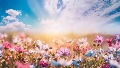 colorful flower meadow with sunbeams and blue sky and bokeh lights in summer nature background banner with copy space summer greeting card wildflowers spring concept