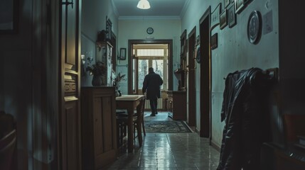 Poster - A person standing in a hallway next to a table, providing context for various settings and themes