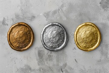 Poster - Three gold, silver and bronze coins placed on a gray surface