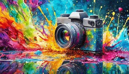 Wall Mural - camera lens painting colorful paint splatters, art design