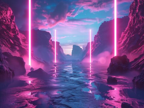 Artistic 3D render of an 80s synthwave scene, featuring a glowing horizon, geometric shapes, and vivid neon lights, all presented in a classic 4:3 format.