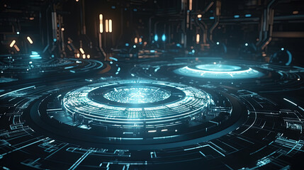 Poster - Technology abstract background with hud styled round interface elements in neon tech light.