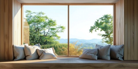 Poster - Cozy window seat with pillows and a view, perfect for reading or relaxing