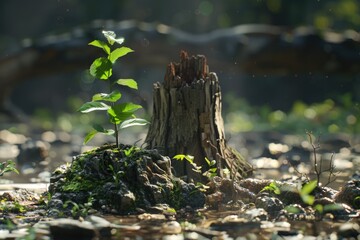 Poster - A tree stump with a plant growing out of it, great for nature, environment, or conservation-themed images